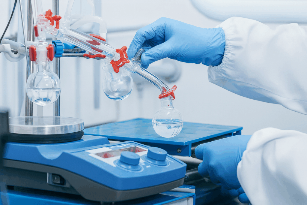 Hand-blown Laboy Glass borosilicate lab glassware with standard taper joints in an organic chemistry distillation setup