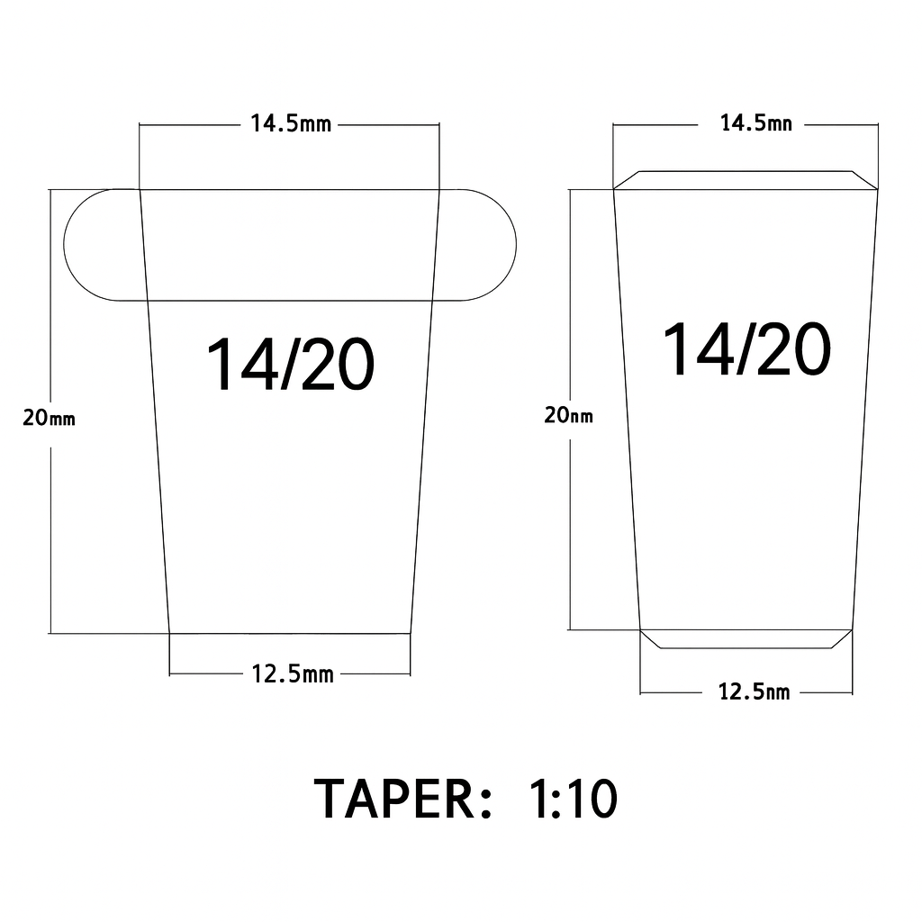 Diagram showing the dimensions of a 14/20 standard taper joint with 1:10 taper, including large-end diameter, small-end diameter, and ground length