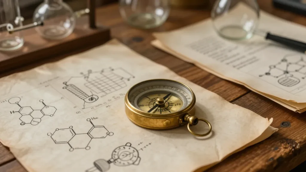 Antique compass on a desk with chemical structure manuscripts and glassware blueprints, symbolizing ChemNorth's role as a guide for laboratory equipment solutions.