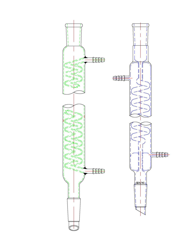 A visual comparison showing a coiled Dimroth condenser alongside a Graham condenser, highlighting their distinctly different internal glass coil designs.