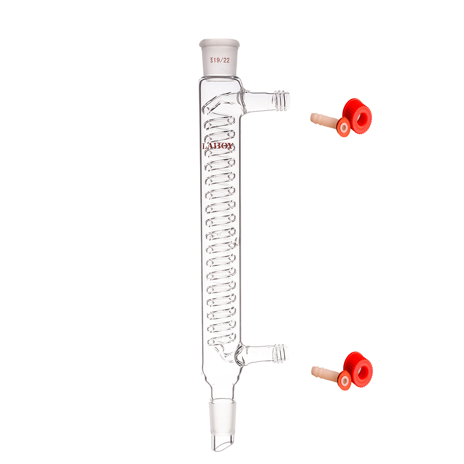 Glass coiled condenser with an internal coolant coil and an outer vapor space used for high-efficiency reflux and condensation in organic chemistry