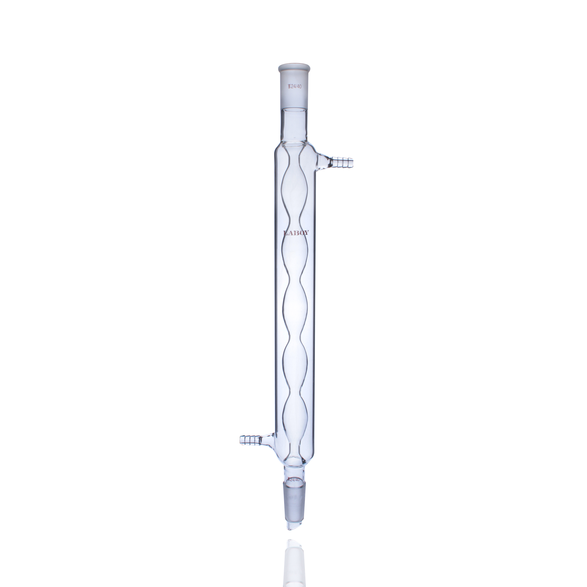 Allihn condenser with bulb sections, commonly used as a standard condenser for vertical reflux setups.