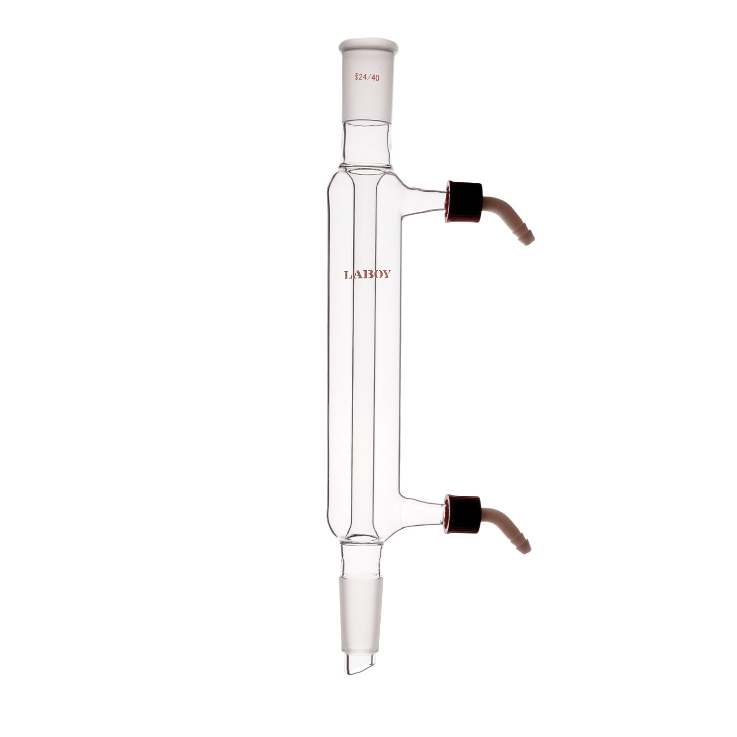 Liebig condenser with a straight inner tube and water jacket, commonly used in simple distillation.