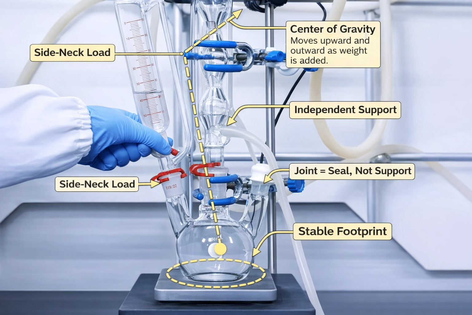 Annotated multi-neck flask setup showing condenser support, flask position, and load distribution