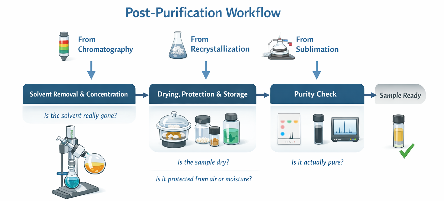 Post-purification workflow showing how samples from chromatography, recrystallization, and sublimation may still need solvent removal, drying, protection, storage, and purity checking before they are ready for use or storage