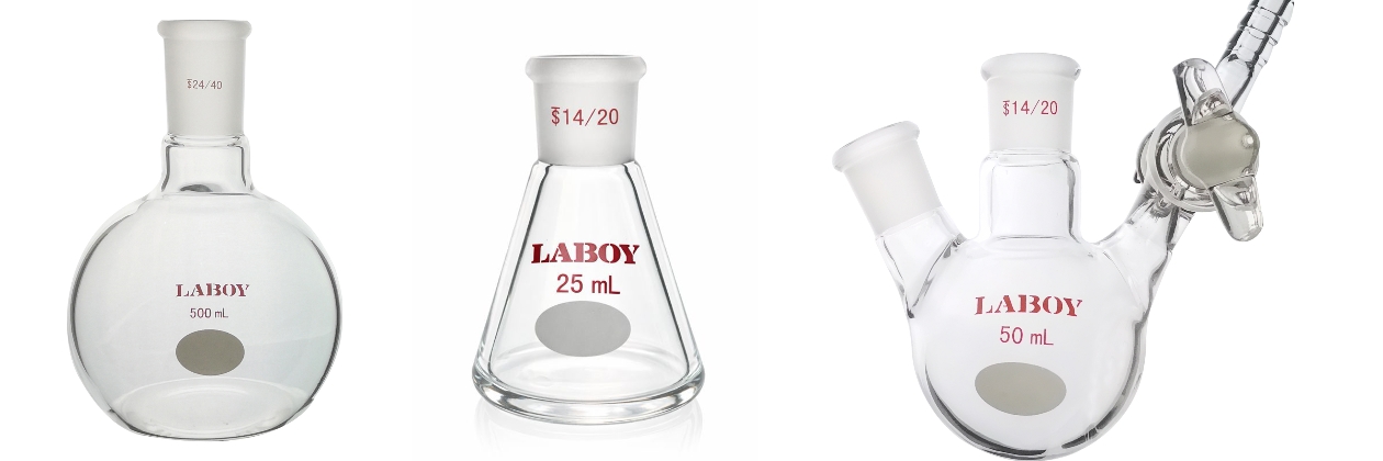 Overview of common reaction vessels including round-bottom flasks, pear-shaped flasks, Schlenk vessels, and pressure tubes
