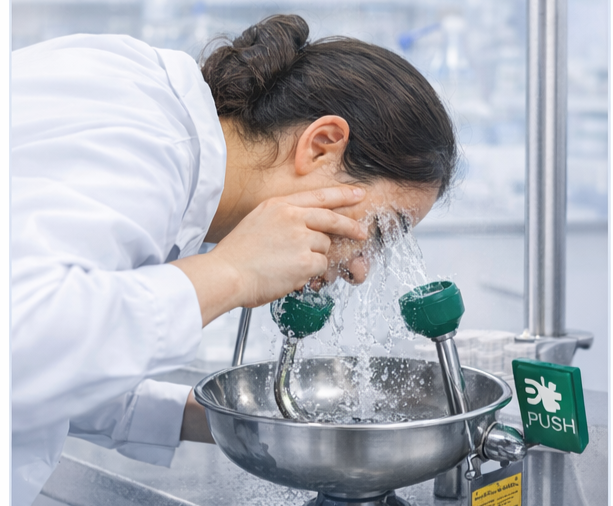 Emergency eyewash station in a laboratory, showing dual spray heads and a clearly marked rinse station for immediate eye flushing.
