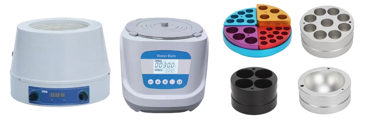Comparison of heating methods for reaction setups including heating mantles, hot plates, heating baths, and heating blocks
