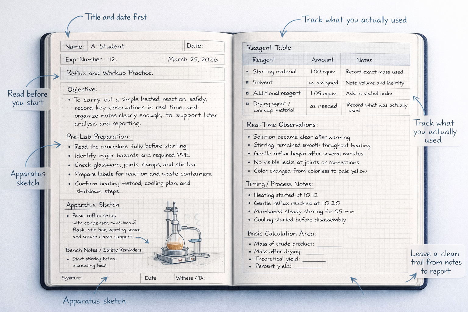 AI-generated lab notebook visualization showing sample notebook structure and reporting layout