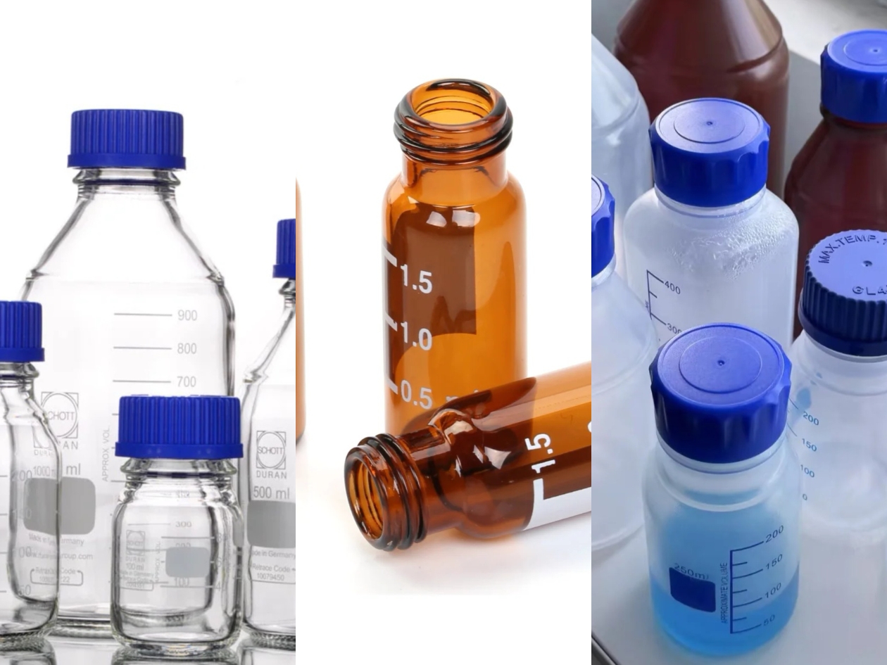 Annotated comparison of three common primary storage container types: reagent bottles, amber vials, and plastic bottles.