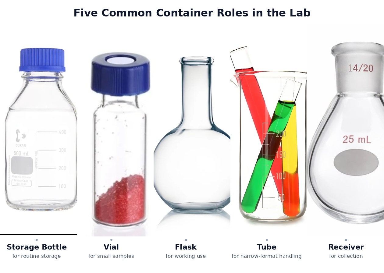Annotated overview comparing five common container roles in the organic lab: storage bottle, vial, flask, tube, and receiver.
