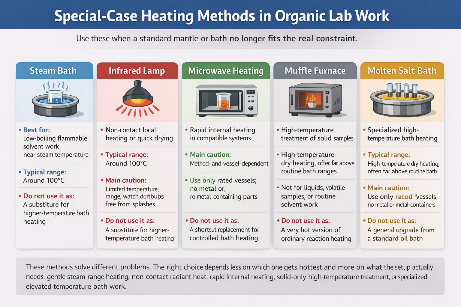 Infographic comparing six special-case heating methods in organic lab work: steam bath, infrared lamp, microwave heating, muffle furnace, molten salt bath, and metal or alloy bath, with best use, temperature behavior, main caution, and what each method should not be used as.