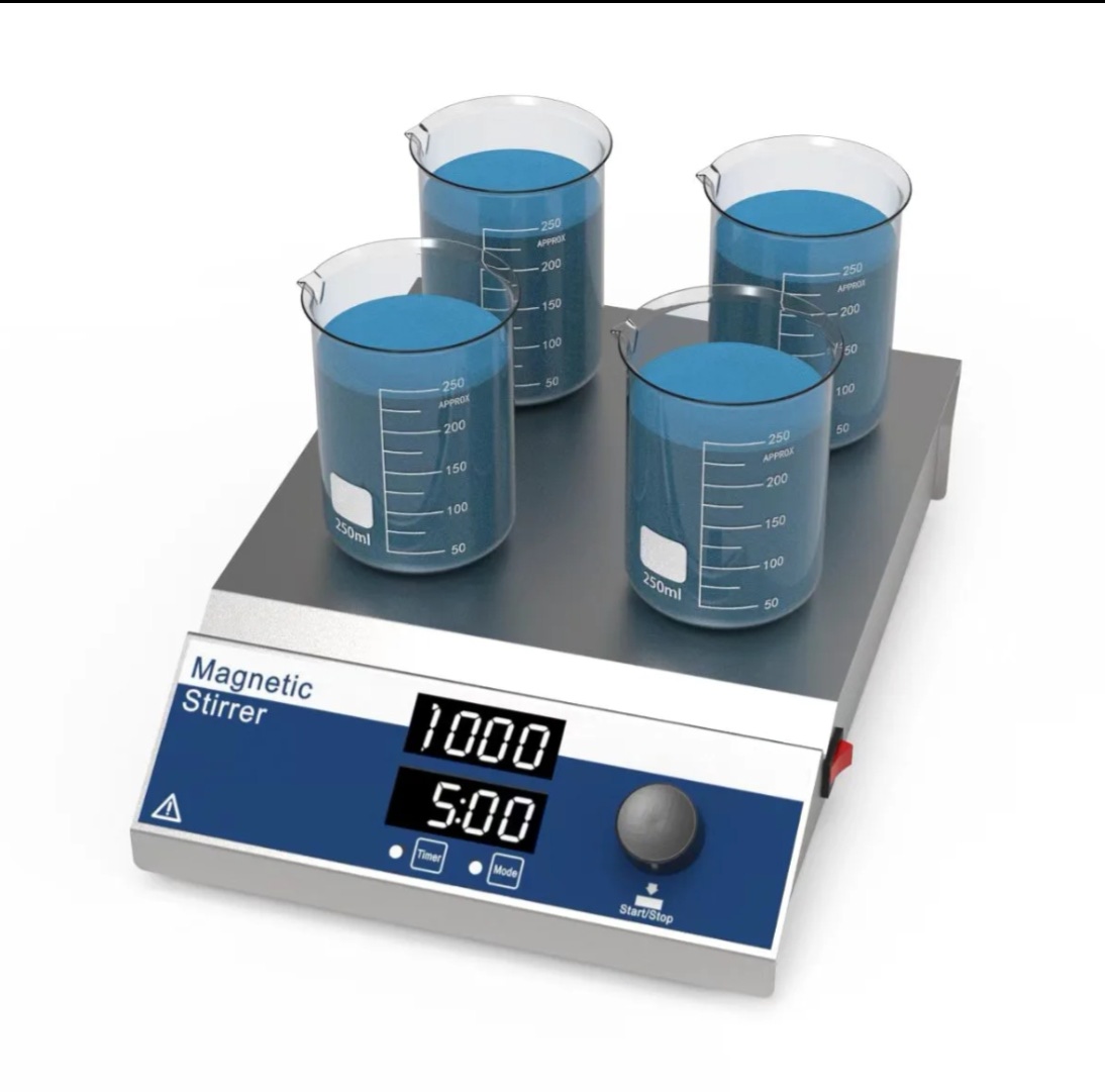 Multiple heating mantles and heated stirring setups arranged on a bench platform